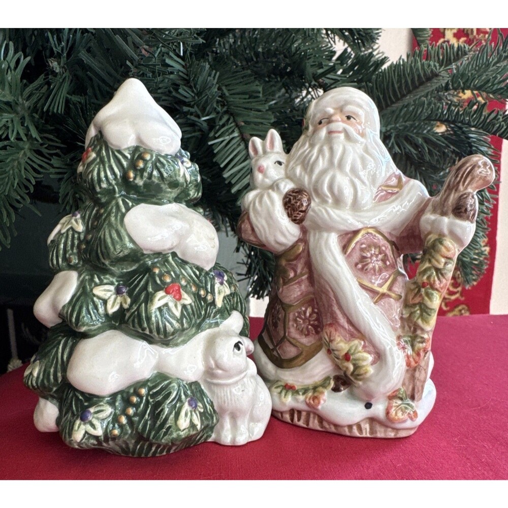 Fitz and Floyd Snowy Woods Salt and Pepper Santa and Tree Bunny Rabbit Set 1996